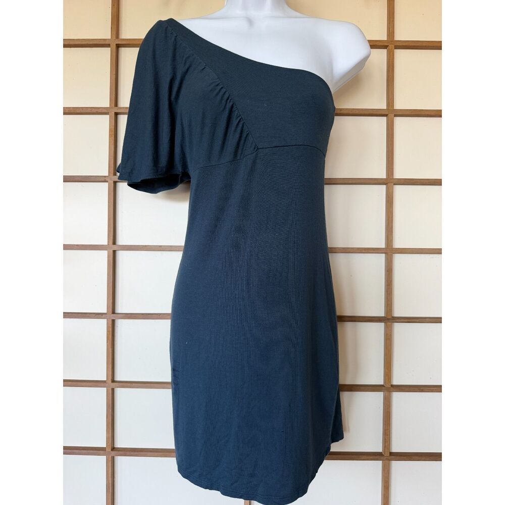 Fighting Eel Navy One Shoulder Modal Flutter Sleeve Dress Size S Made USA